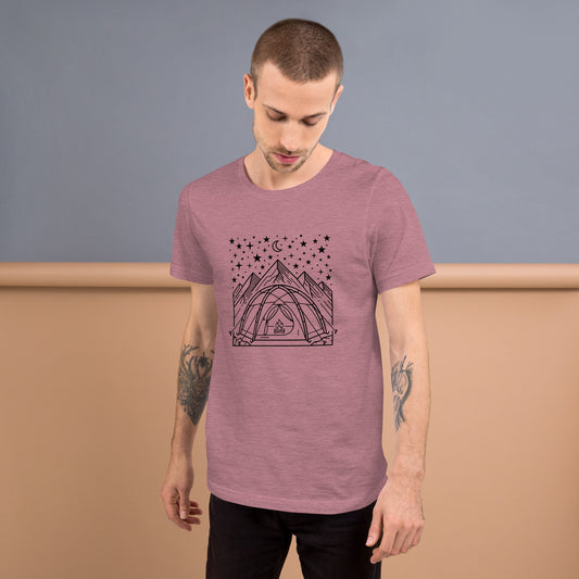 Minimalist camping graphic featuring a tent beneath a star-filled sky with mountains on a premium unisex orchid t-shirt