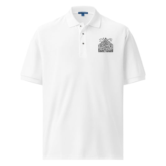 Minimalist geometric mountain trail graphic printed on a premium unisex polo hiking white front shirt
