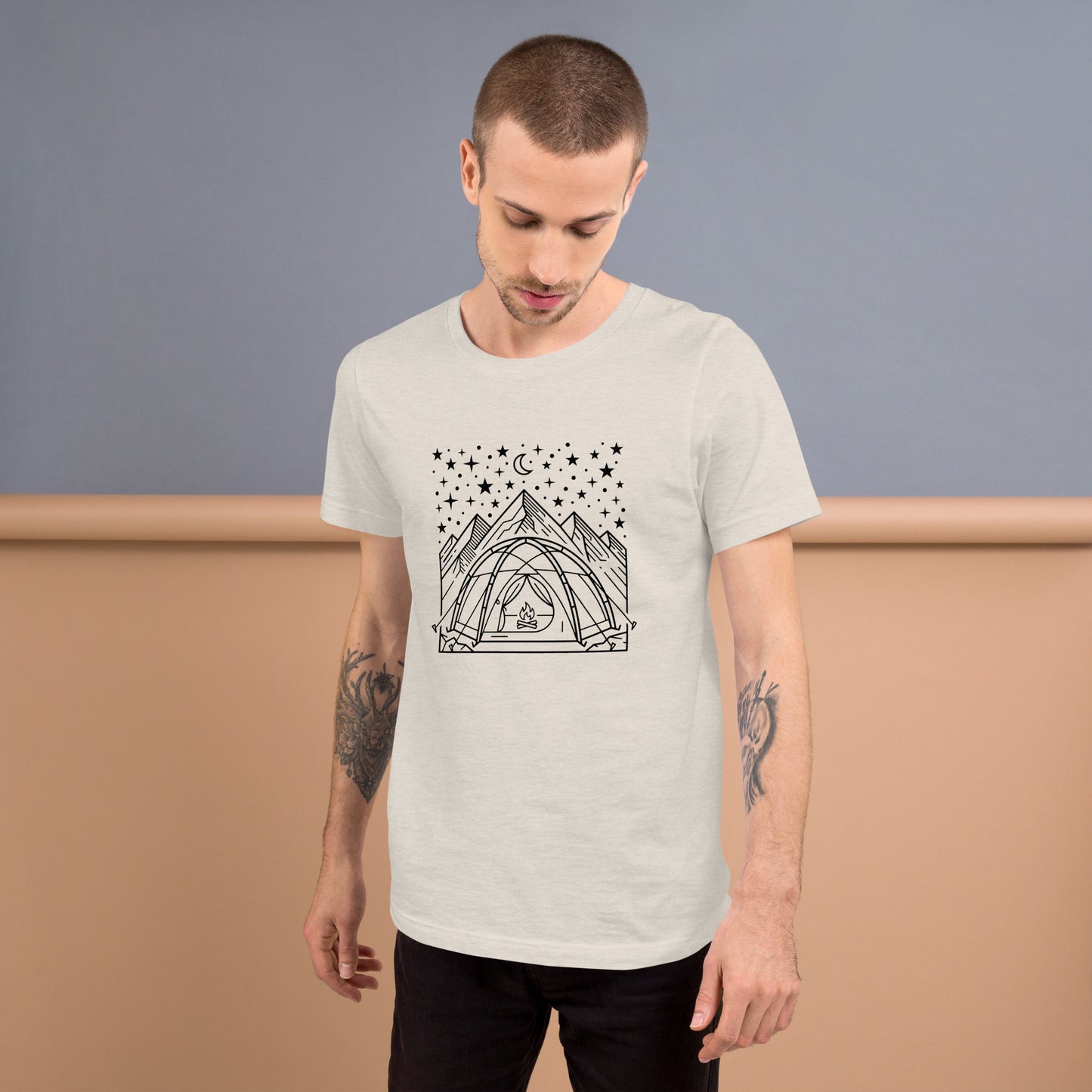 Minimalist camping graphic featuring a tent beneath a star-filled sky with mountains on a premium unisex dust t-shirt