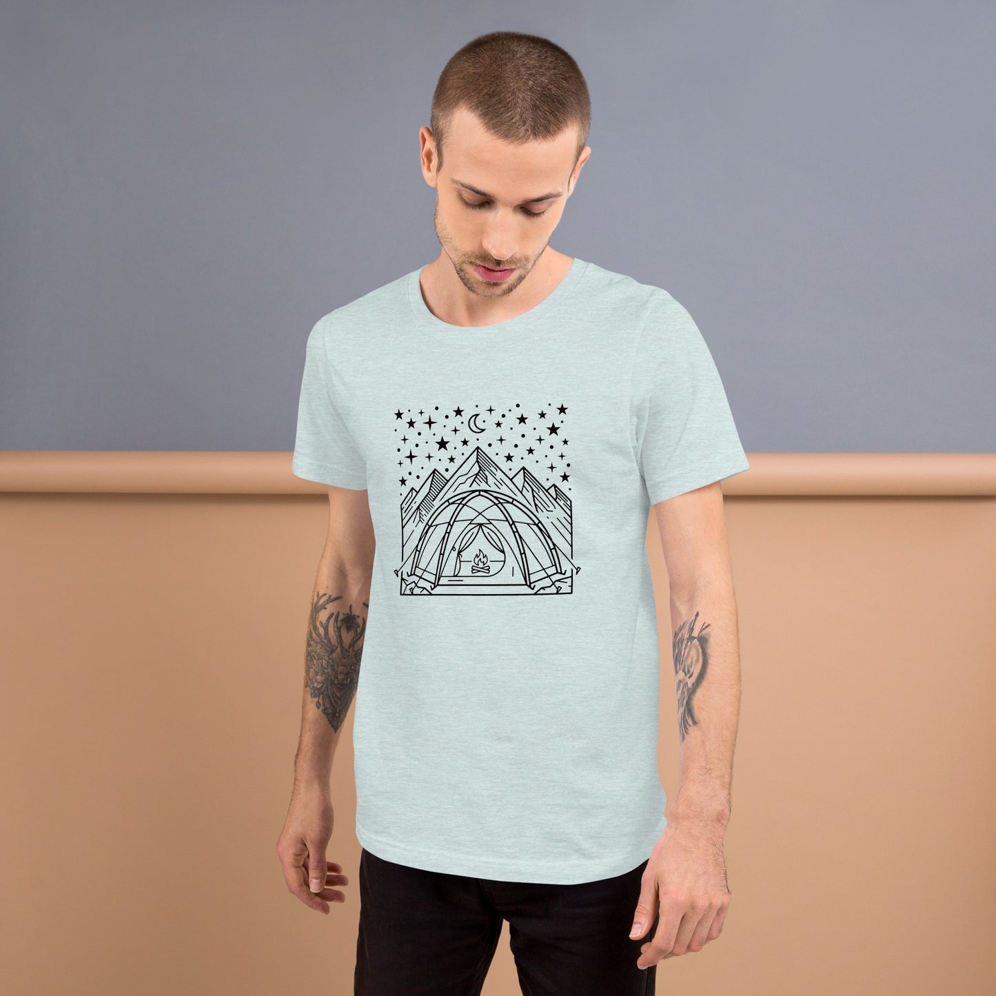 Minimalist camping graphic featuring a tent beneath a star-filled sky with mountains on a premium unisex ice blue t-shirt