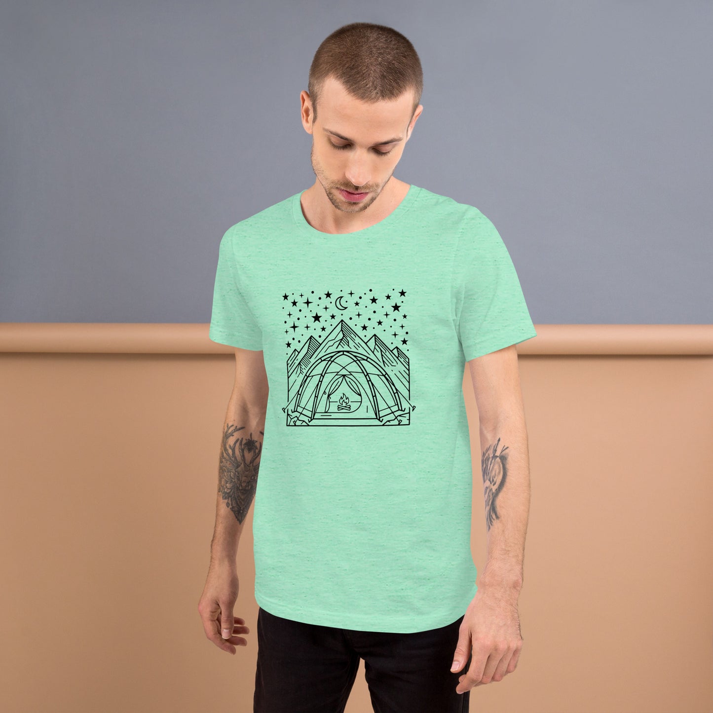 Minimalist camping graphic featuring a tent beneath a star-filled sky with mountains on a premium unisex mint t-shirt
