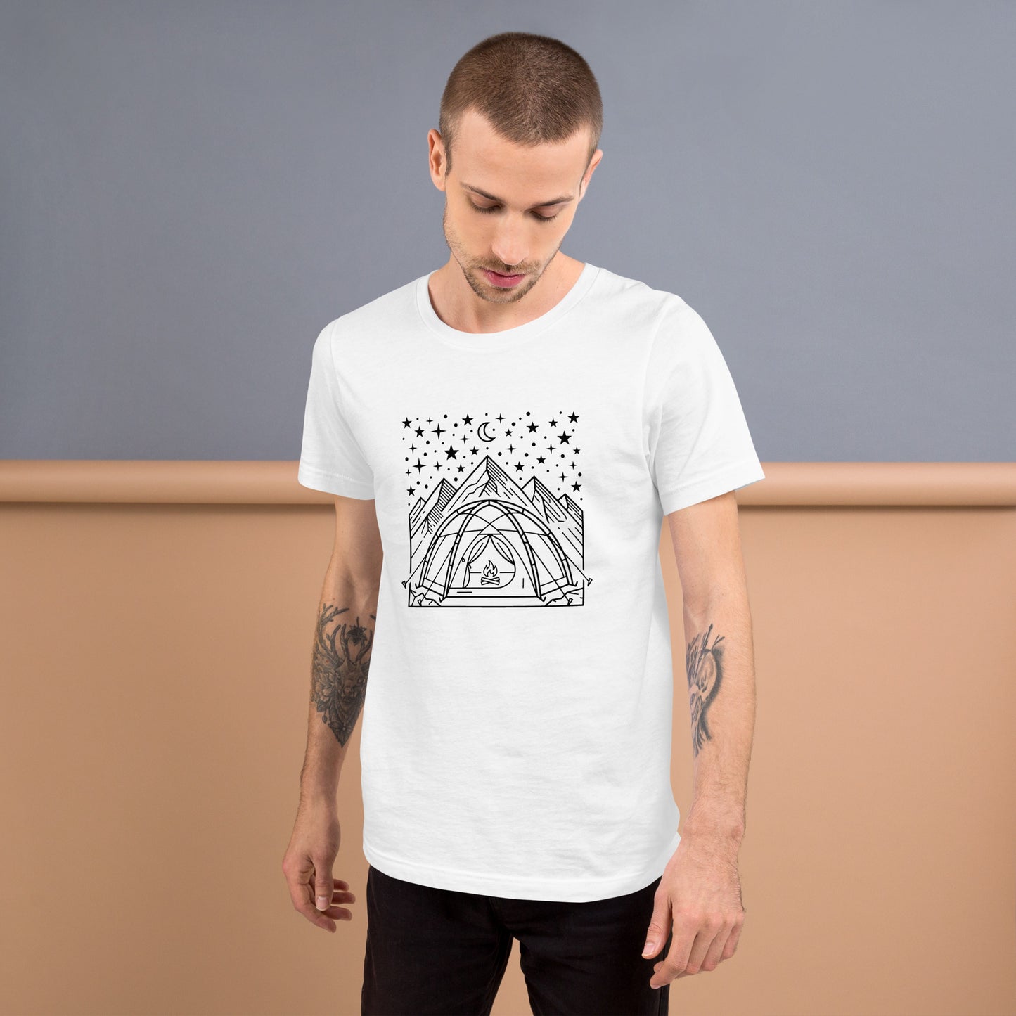 Minimalist camping graphic featuring a tent beneath a star-filled sky with mountains on a premium unisex white t-shirt