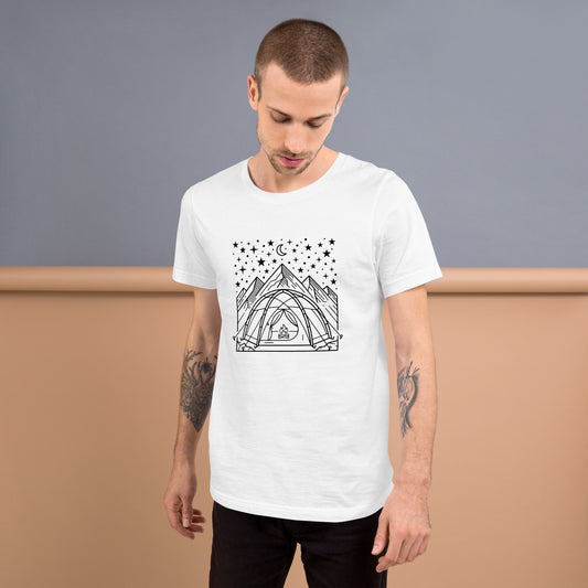 Minimalist camping graphic featuring a tent beneath a star-filled sky with mountains on a premium unisex white t-shirt