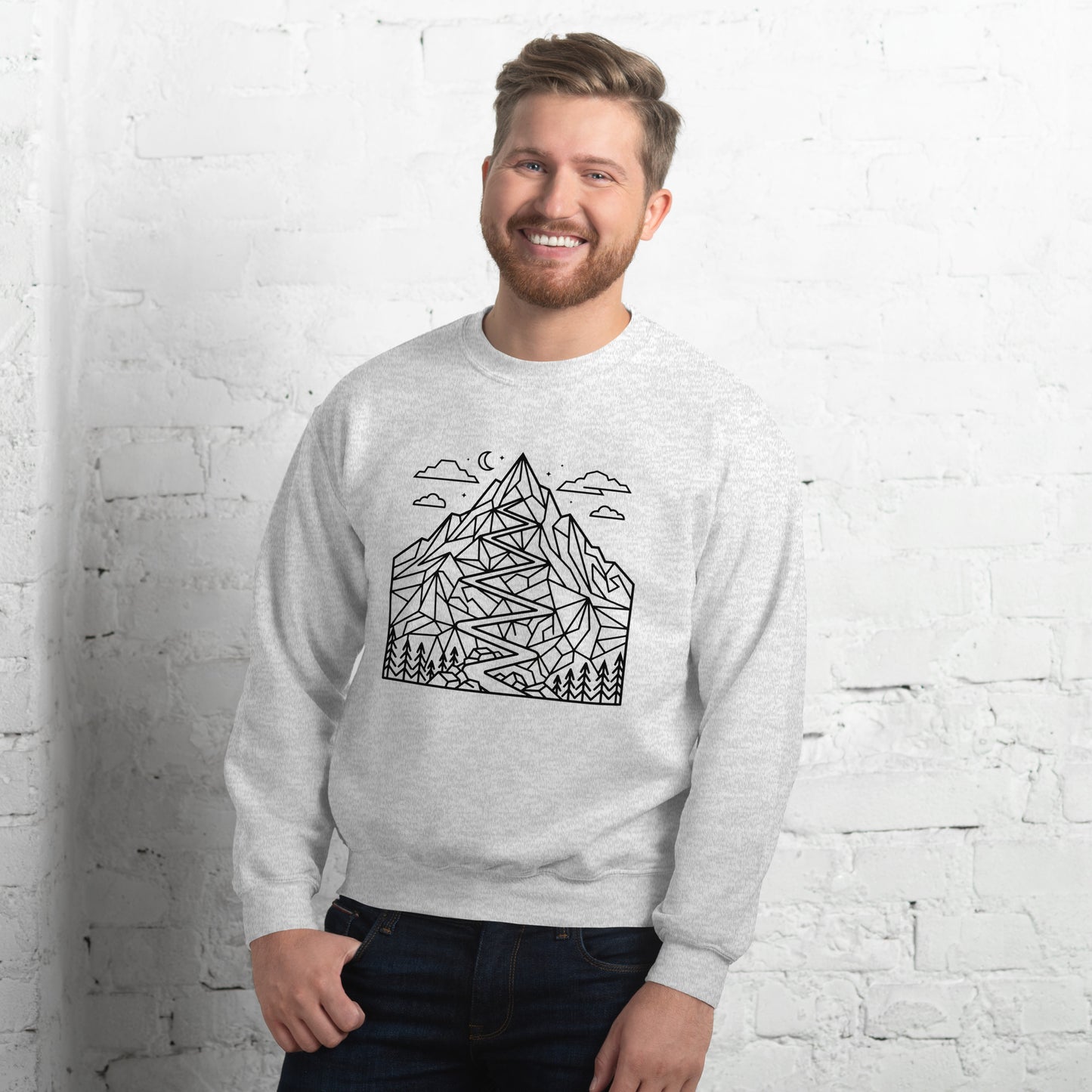 Minimalist geometric mountain trail graphic printed on a premium unisex hiking ash front sweat