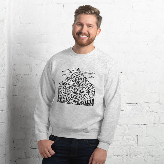 Minimalist geometric mountain trail graphic printed on a premium unisex hiking ash front sweat