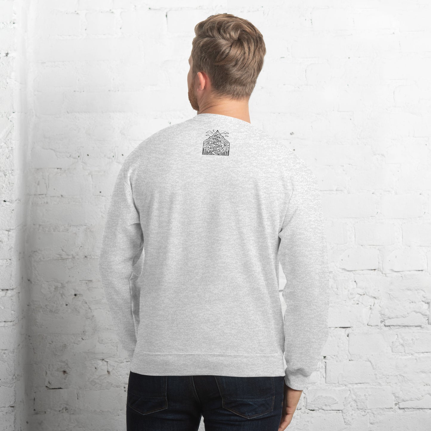 Minimalist geometric mountain trail graphic printed on a premium unisex hiking white back sweat