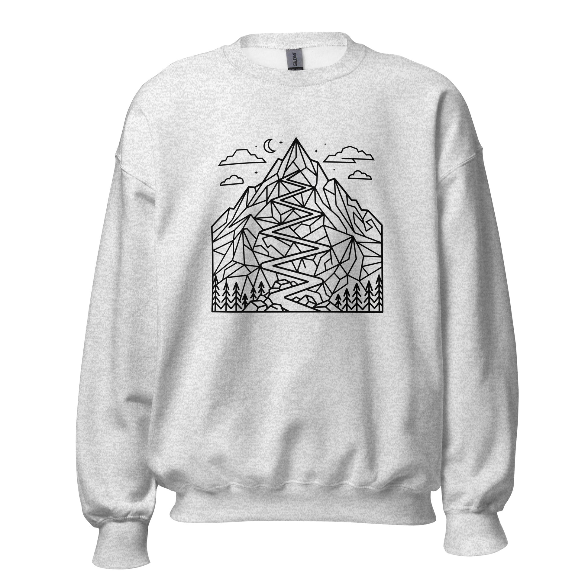 Minimalist geometric mountain trail graphic printed on a premium unisex hiking ash sweat