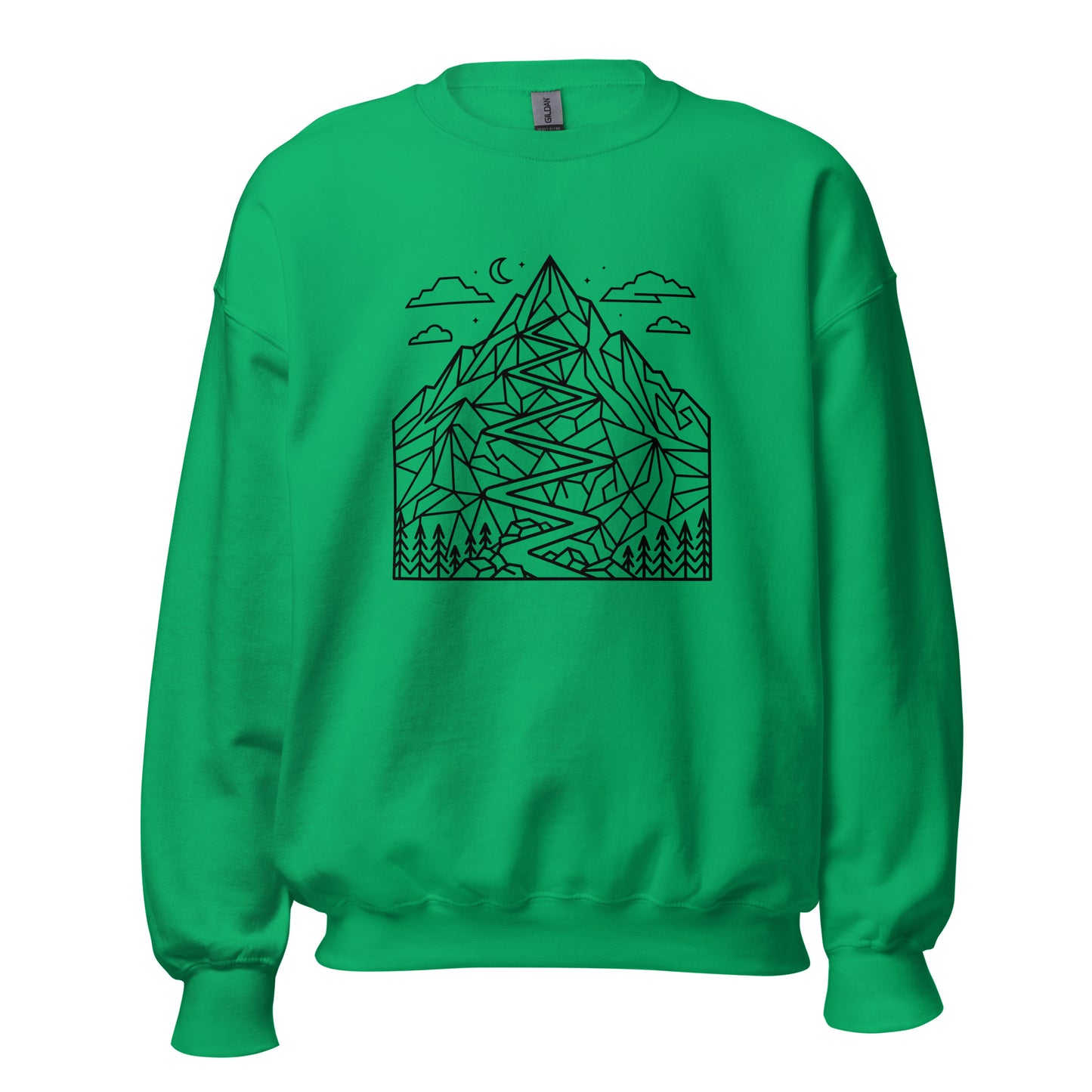 Minimalist geometric mountain trail graphic printed on a premium unisex hiking green sweat
