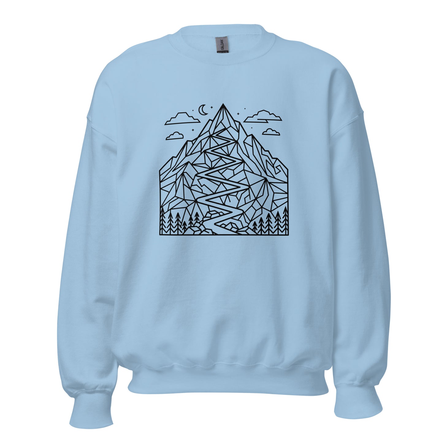 Minimalist geometric mountain trail graphic printed on a premium unisex hiking light blue sweat