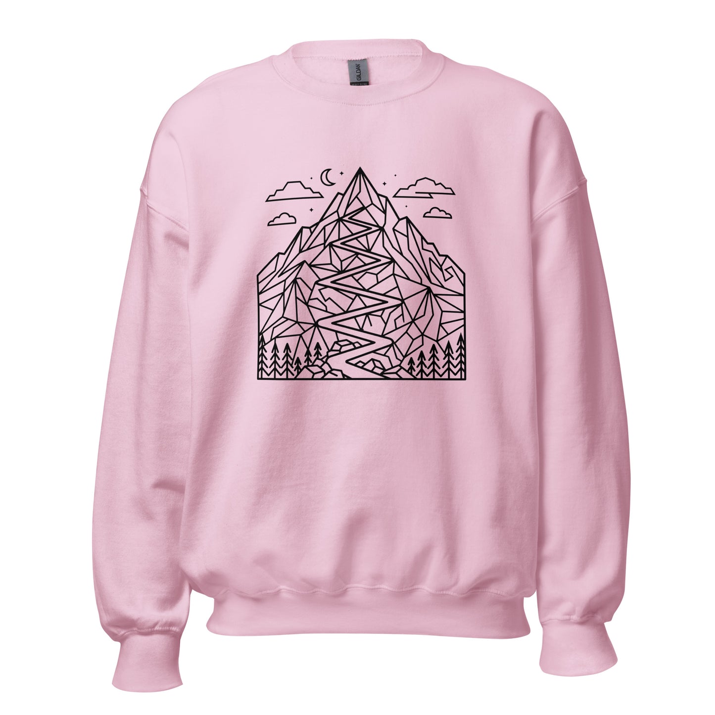 Minimalist geometric mountain trail graphic printed on a premium unisex hiking light pink sweat