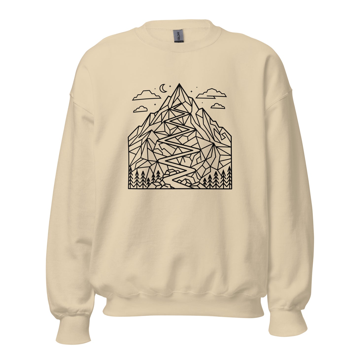 Minimalist geometric mountain trail graphic printed on a premium unisex hiking sand sweat