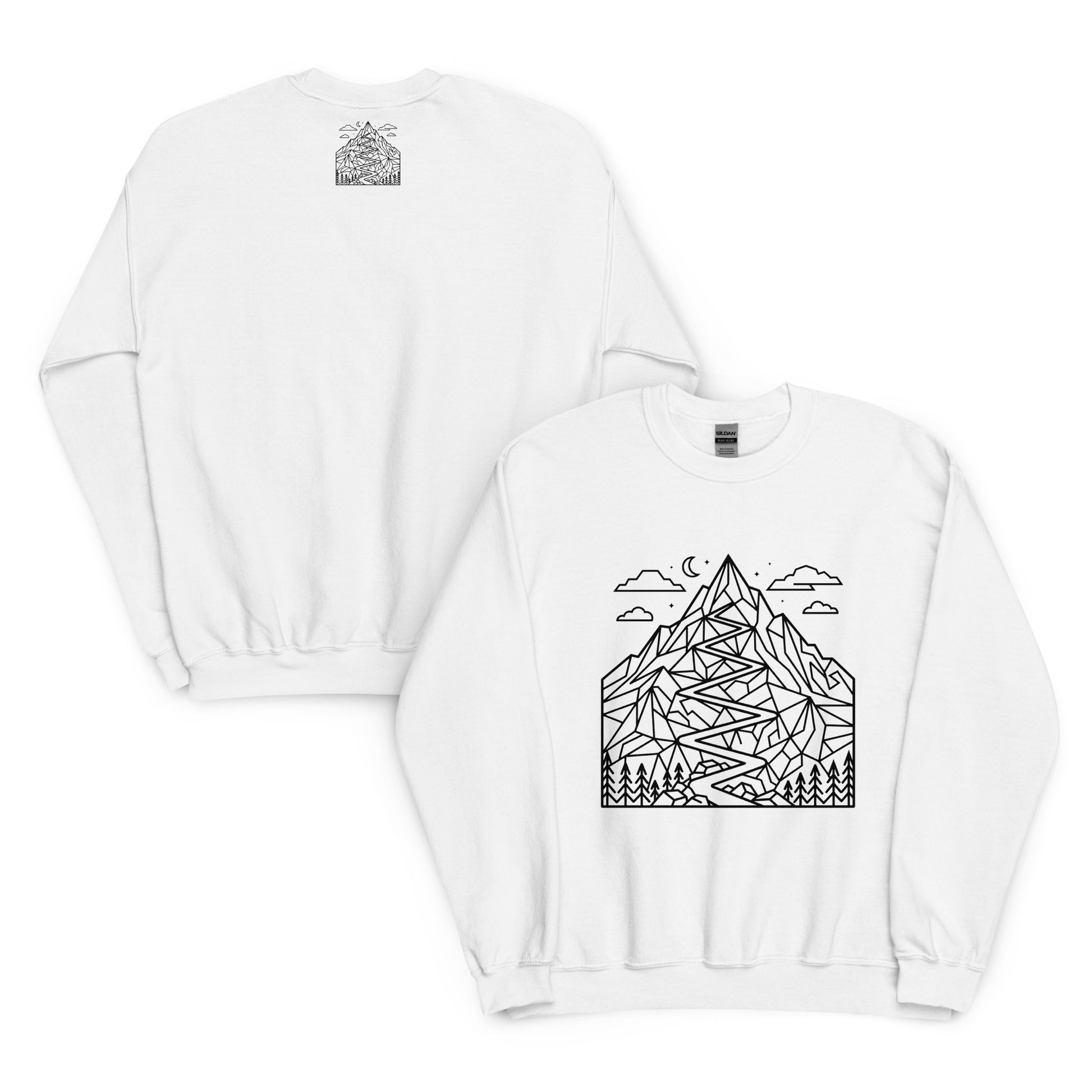 Minimalist geometric mountain trail graphic printed on a premium unisex hiking white back front sweat