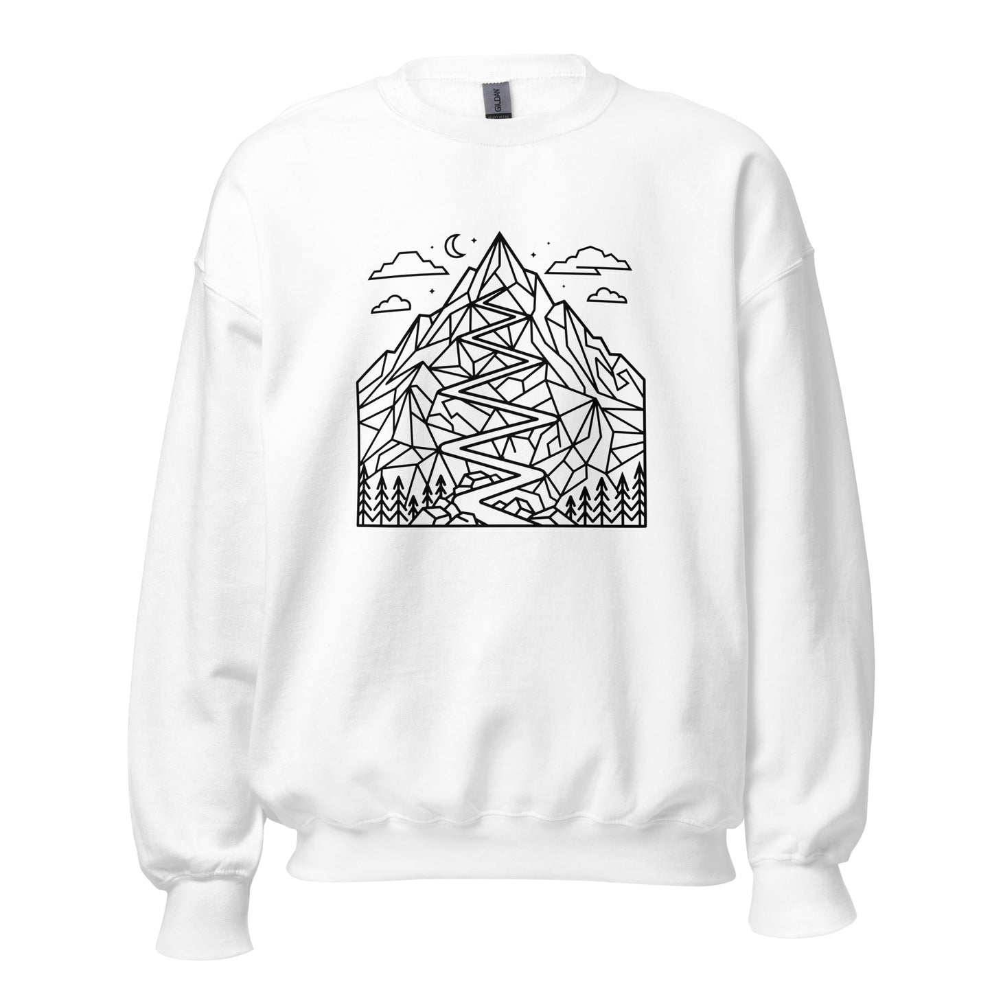 Minimalist geometric mountain trail graphic printed on a premium unisex hiking white sweat