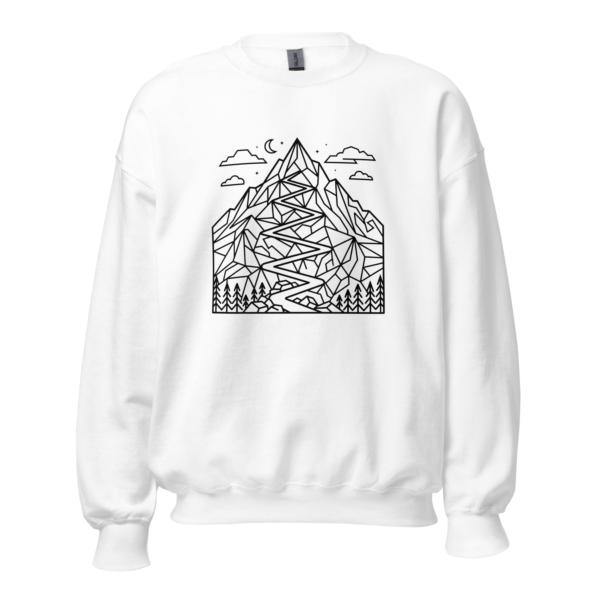 Minimalist geometric mountain trail graphic printed on a premium unisex hiking white sweat