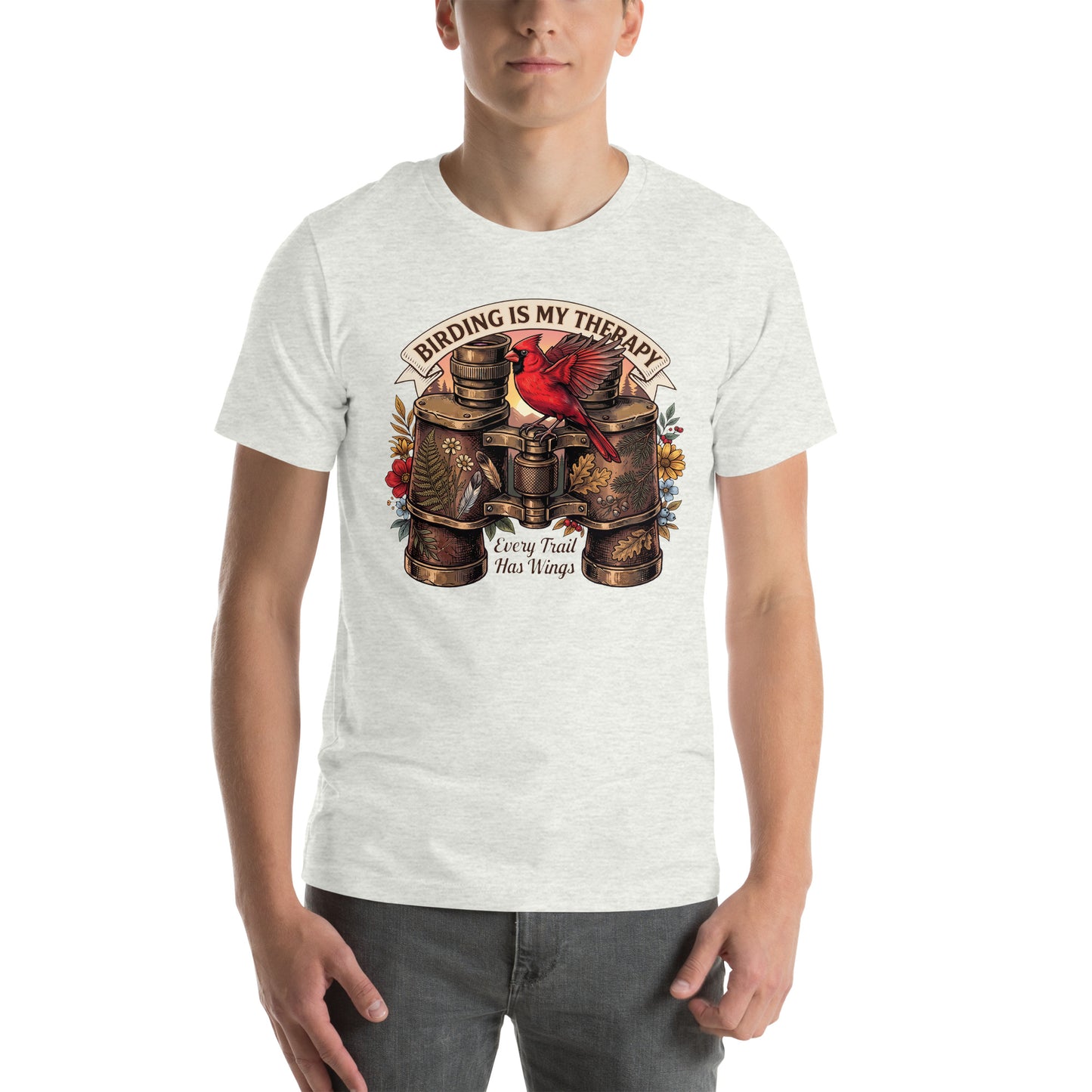 Vintage bird watching ash t-shirt featuring a red cardinal perched on antique binoculars with the quote Birding Is My Therapy.