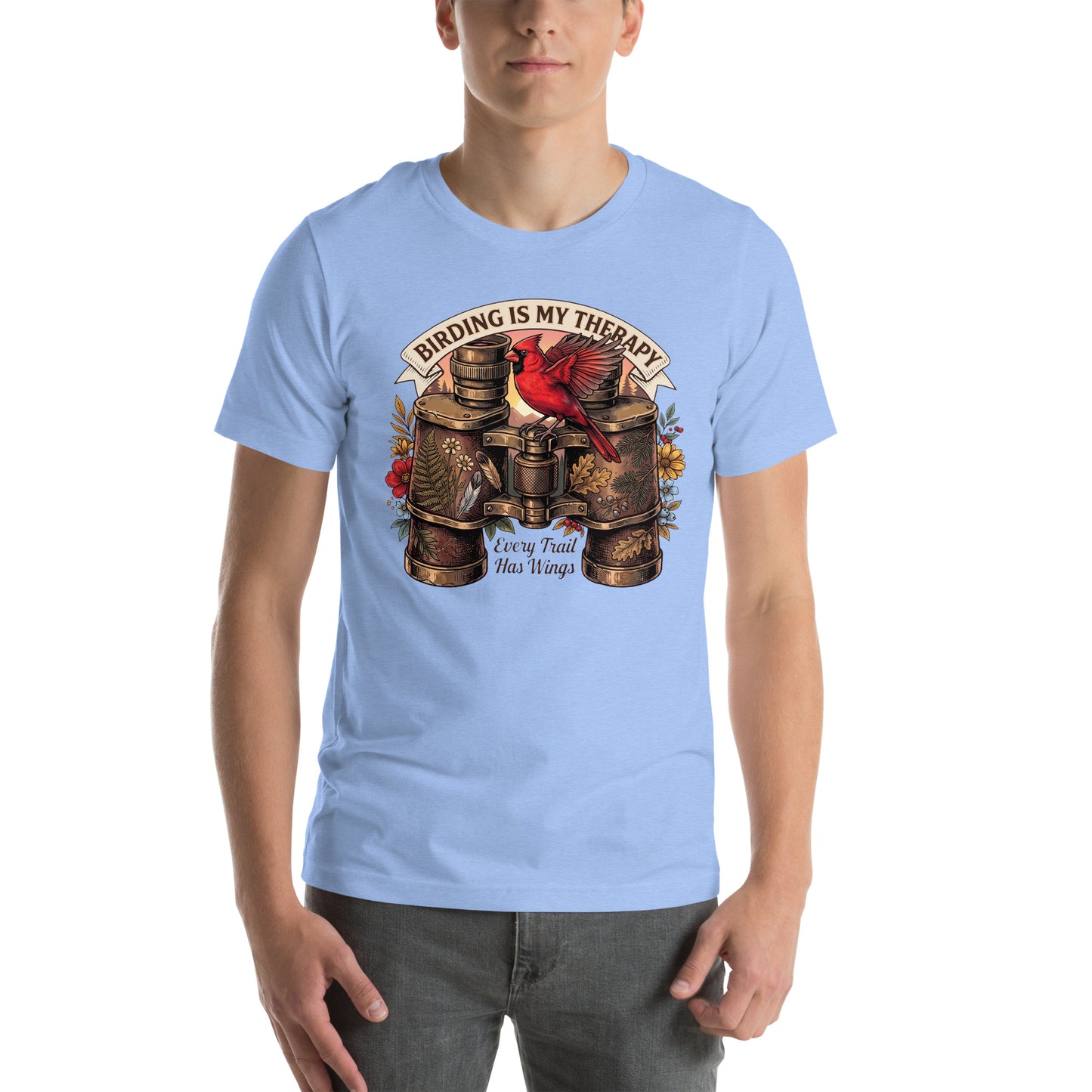 Vintage bird watching carolina blue t-shirt featuring a red cardinal perched on antique binoculars with the quote Birding Is My Therapy.