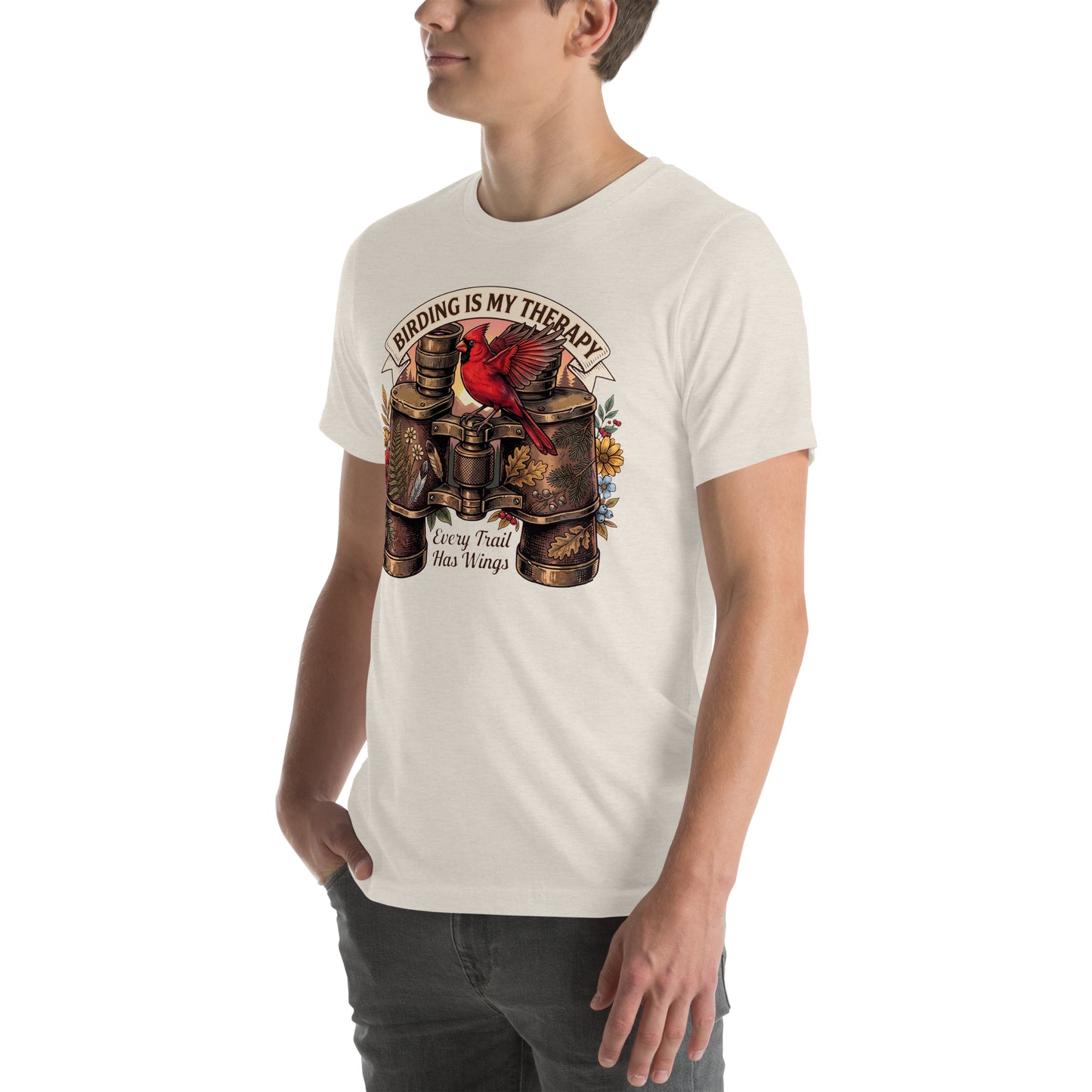 Vintage bird watching heather dust t-shirt featuring a red cardinal perched on antique binoculars with the quote Birding Is My Therapy.