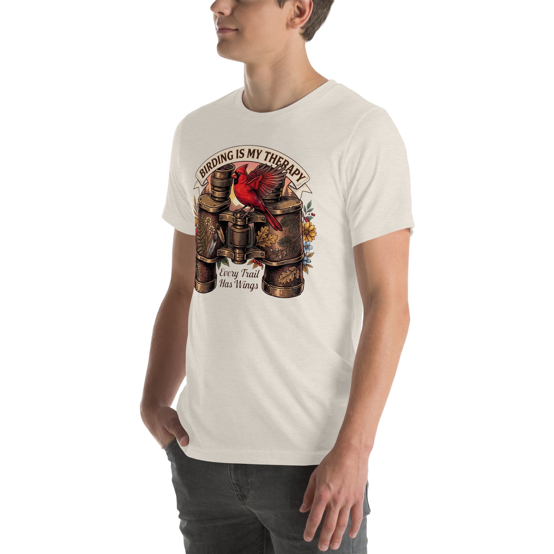 Vintage bird watching heather dust t-shirt featuring a red cardinal perched on antique binoculars with the quote Birding Is My Therapy.