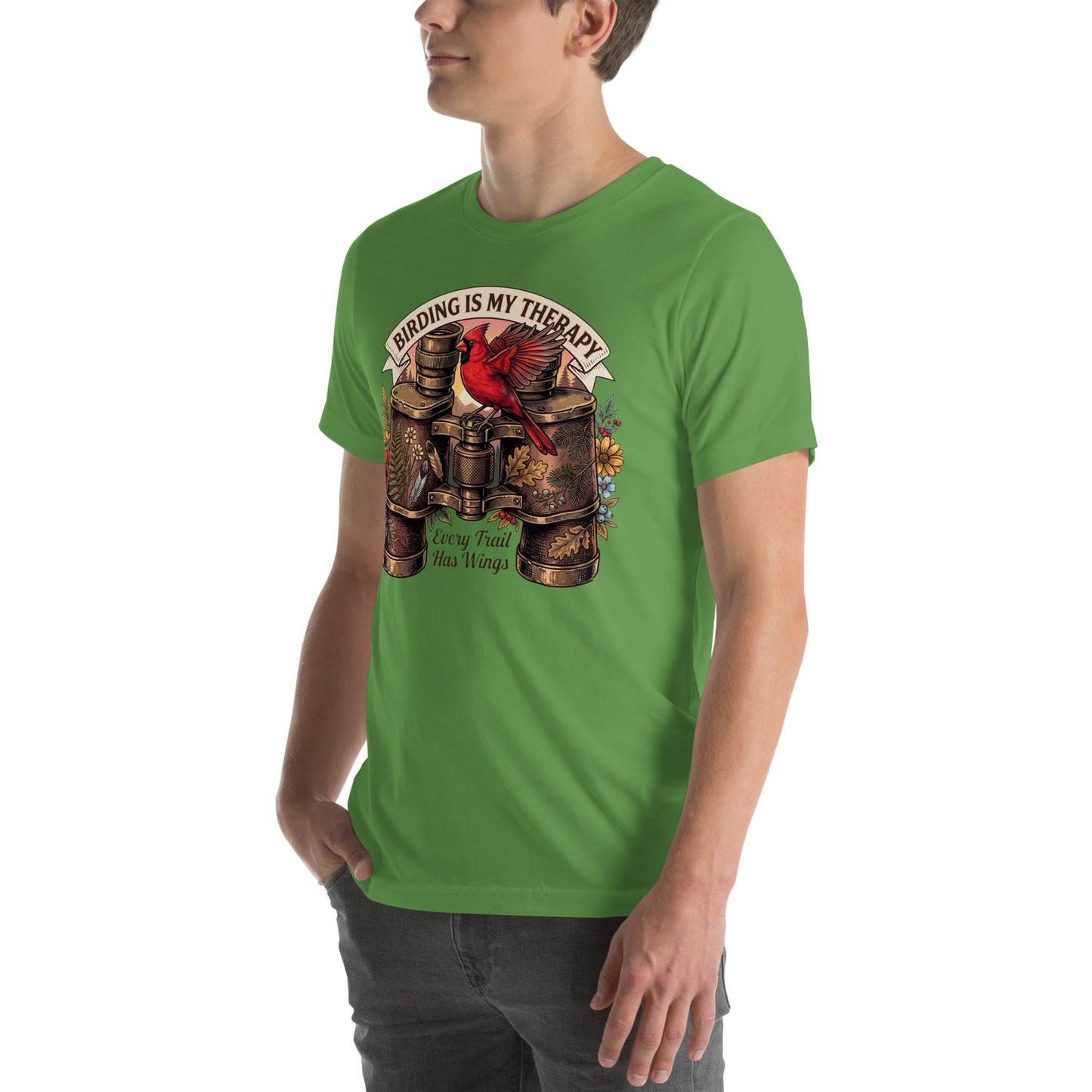 Vintage bird watching leaf t-shirt featuring a red cardinal perched on antique binoculars with the quote Birding Is My Therapy.