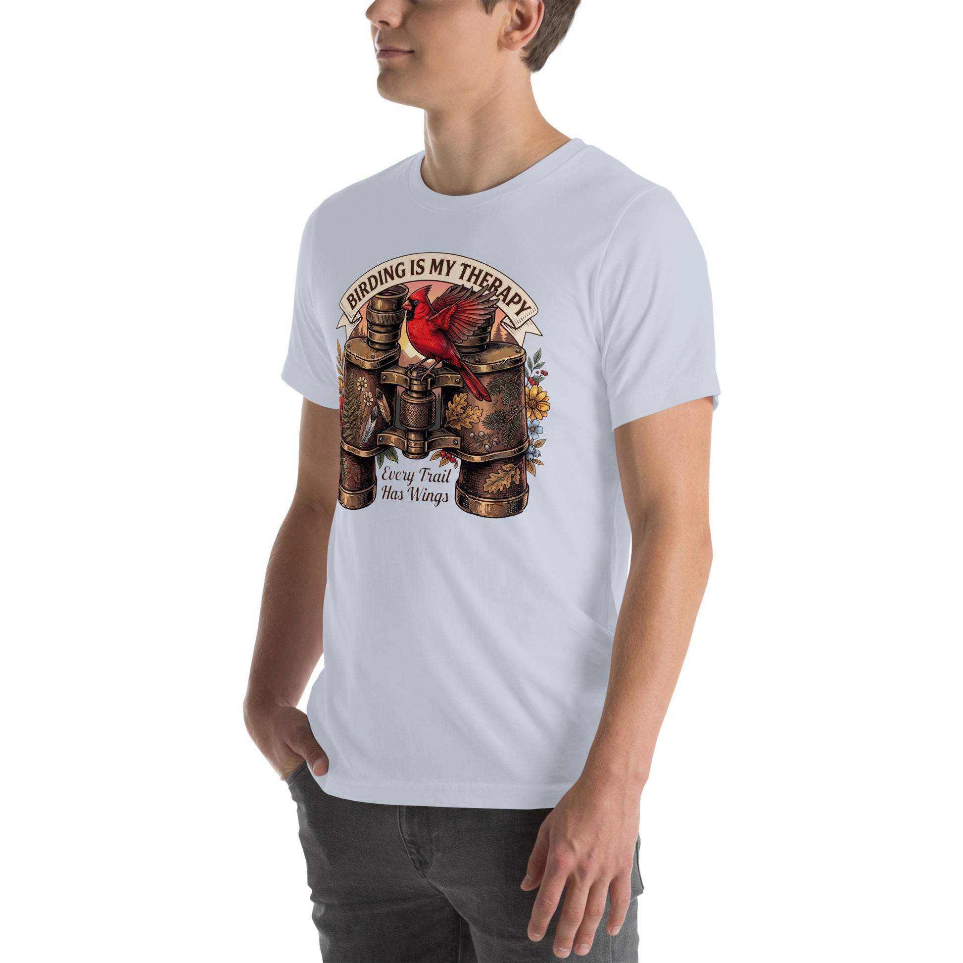 Vintage bird watching light blue t-shirt featuring a red cardinal perched on antique binoculars with the quote Birding Is My Therapy.