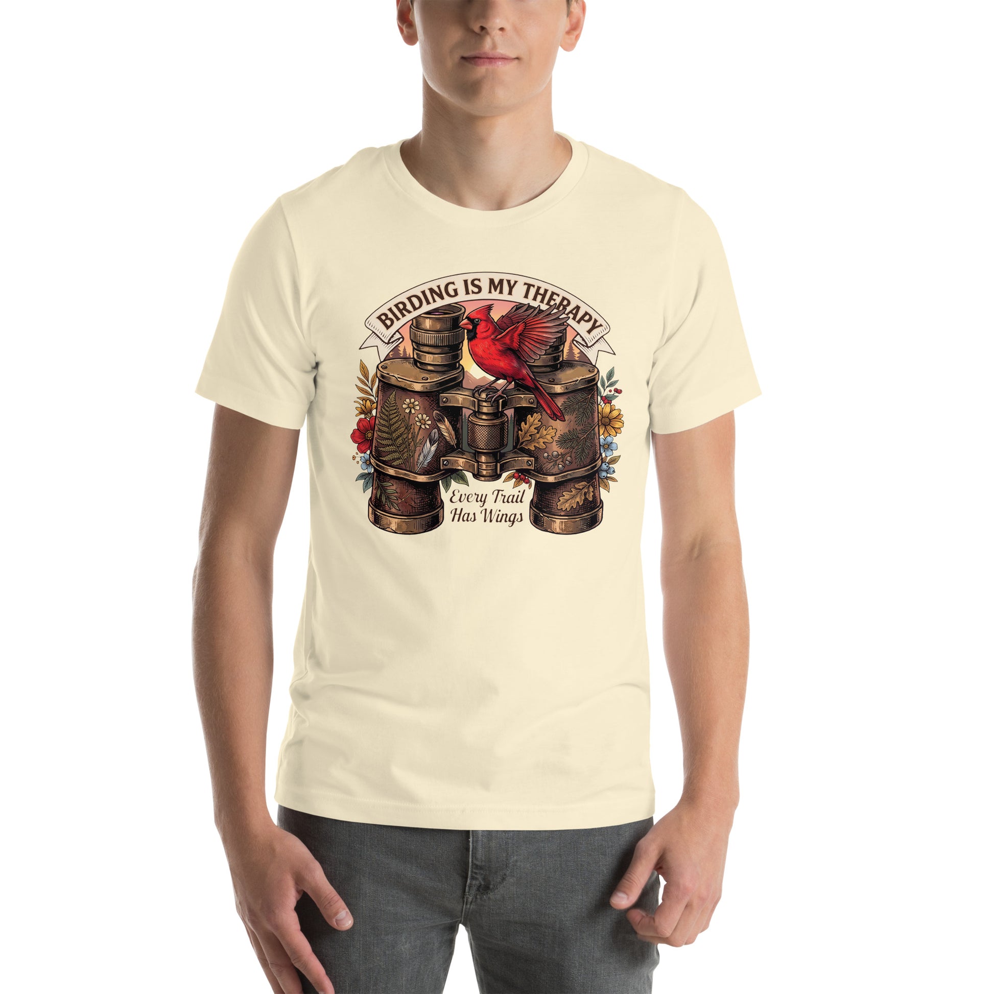 Vintage bird watching natural t-shirt featuring a red cardinal perched on antique binoculars with the quote Birding Is My Therapy.