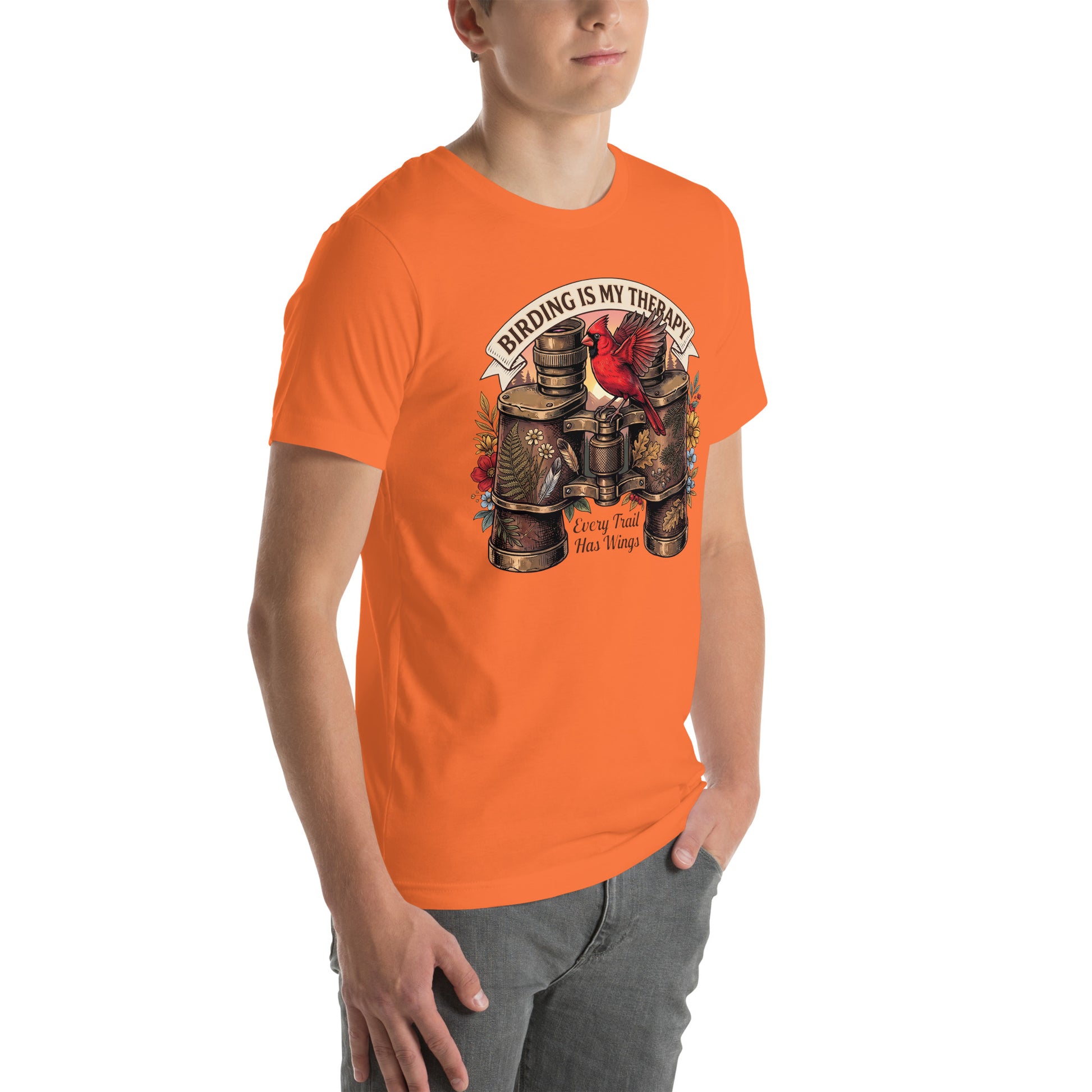 Vintage bird watching orange t-shirt featuring a red cardinal perched on antique binoculars with the quote Birding Is My Therapy.