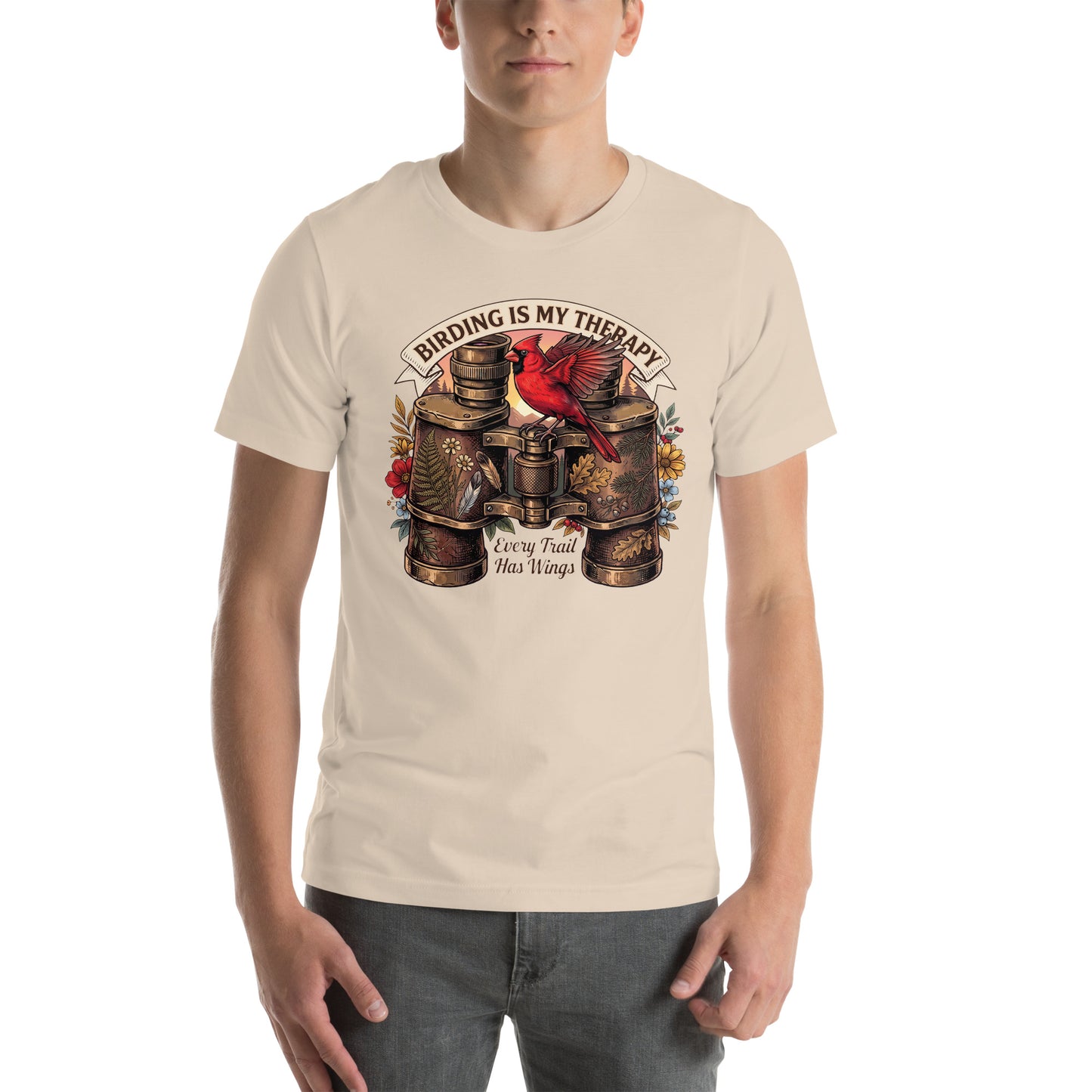 Vintage bird watching soft cream t-shirt featuring a red cardinal perched on antique binoculars with the quote Birding Is My Therapy.