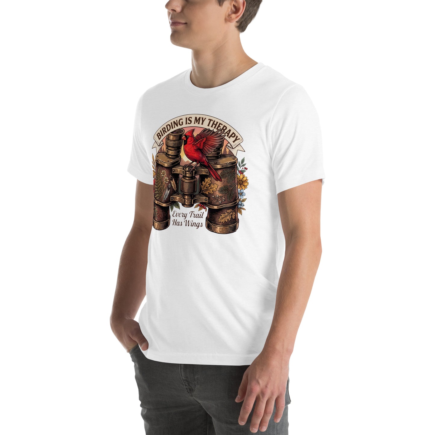 Vintage bird watching white t-shirt featuring a red cardinal perched on antique binoculars with the quote Birding Is My Therapy
