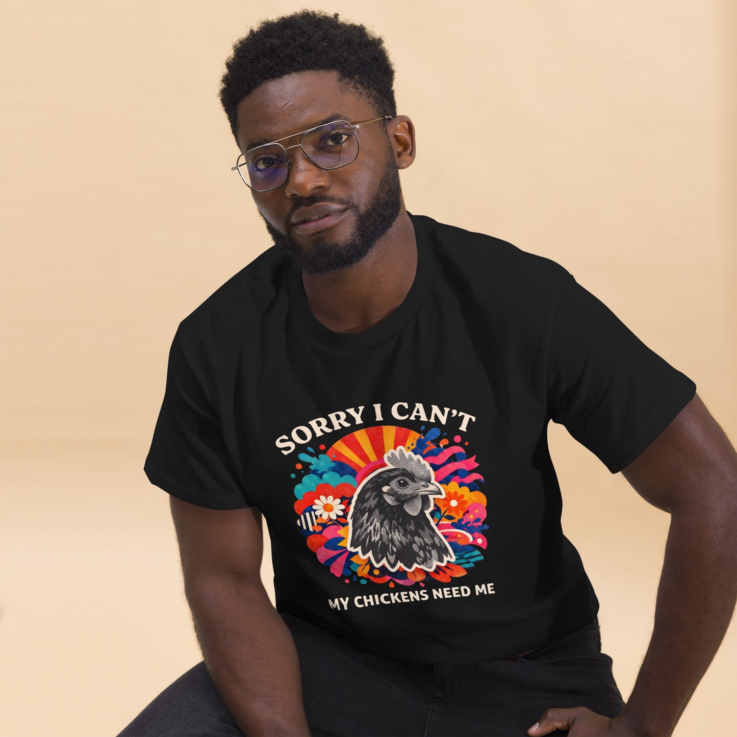 Funny vintage chicken lover t-shirt featuring backyard hens with the quote Sorry I Can't, My Chickens Need Me.