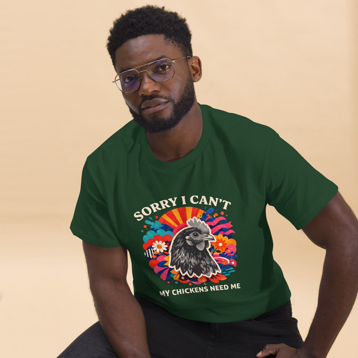 Funny vintage chicken lover t-shirt featuring backyard hens with the quote Sorry I Can't, My Chickens Need Me.