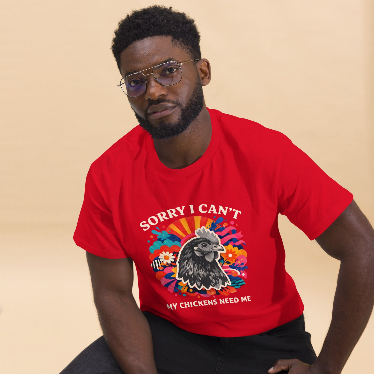 Funny vintage chicken lover t-shirt featuring backyard hens with the quote Sorry I Can't, My Chickens Need Me.