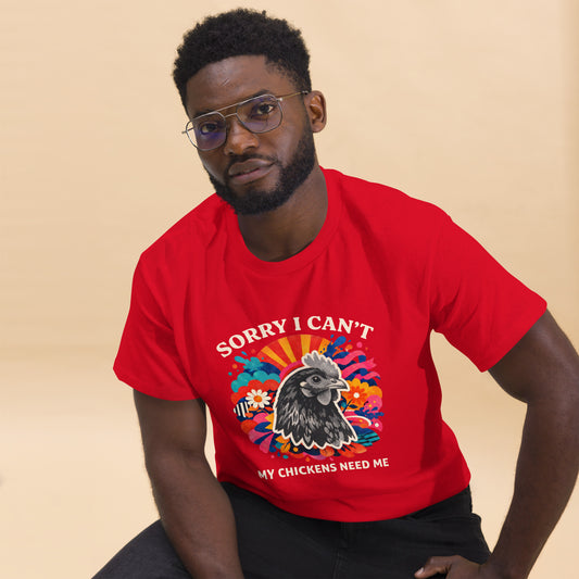 Funny vintage chicken lover t-shirt featuring backyard hens with the quote Sorry I Can't, My Chickens Need Me.